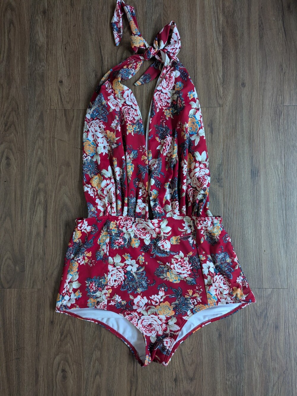 COCOSHIP Red Floral Halter Deep V Neck Bathing Suit Sz 3xl